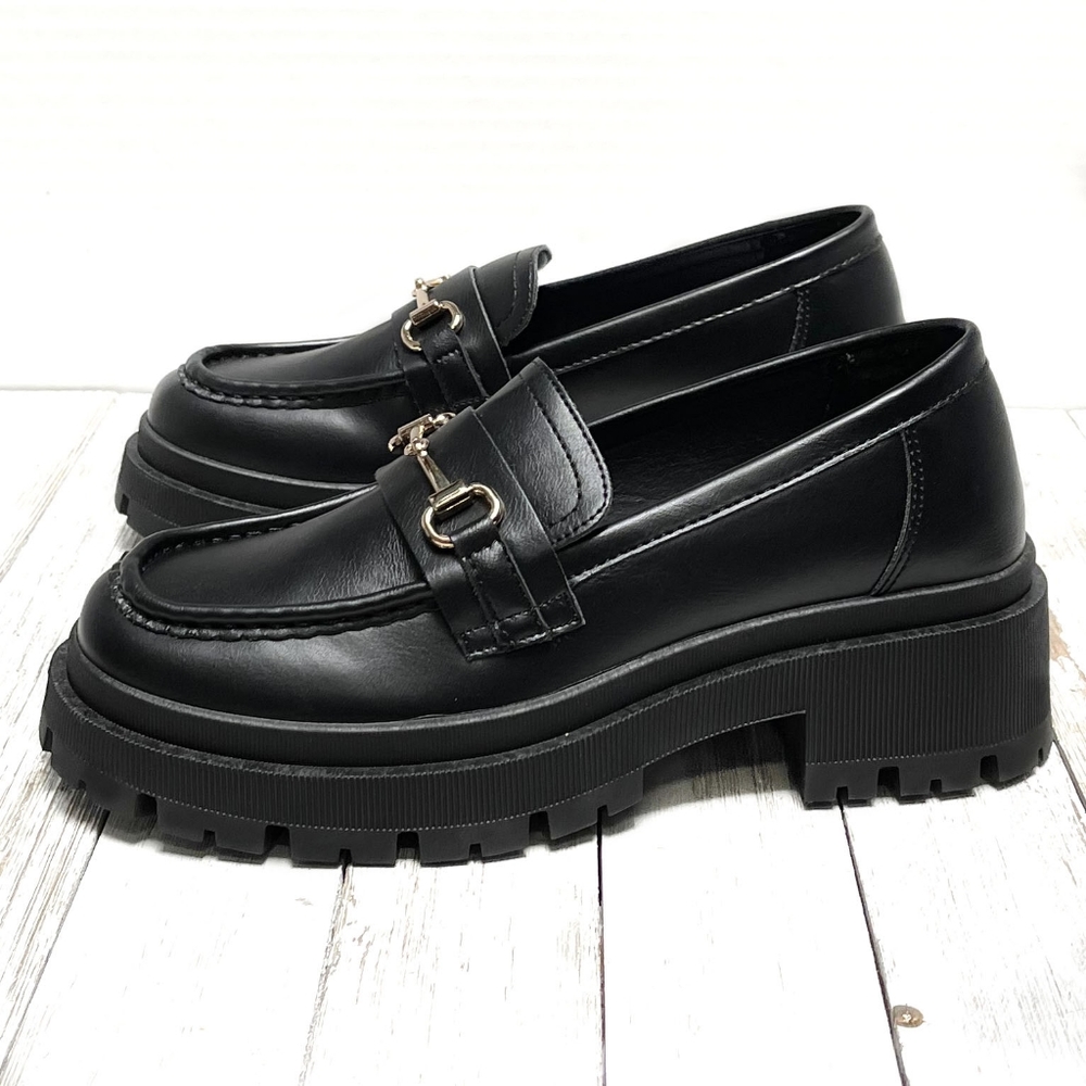 New Black Chain Platform Chunky Heel Penny Loafers - Picture 2 of 4